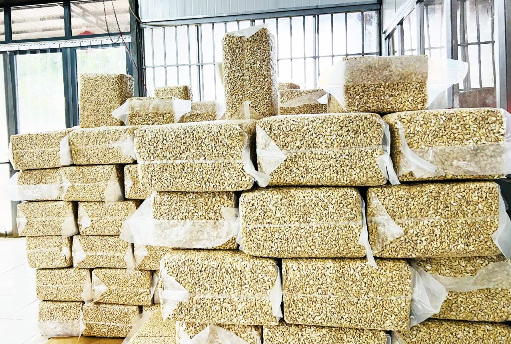 Stacked blocks of vacuum-packed W180 cashews ready for international shipping from Vietnam.