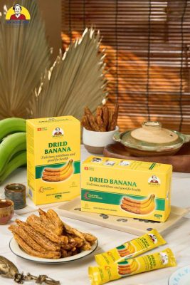 Dried banana supplier Vietnam, featuring an eco-friendly and professional design ready for international retail markets.