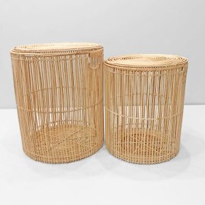 Premium handwoven cylindrical natural rattan storage baskets.