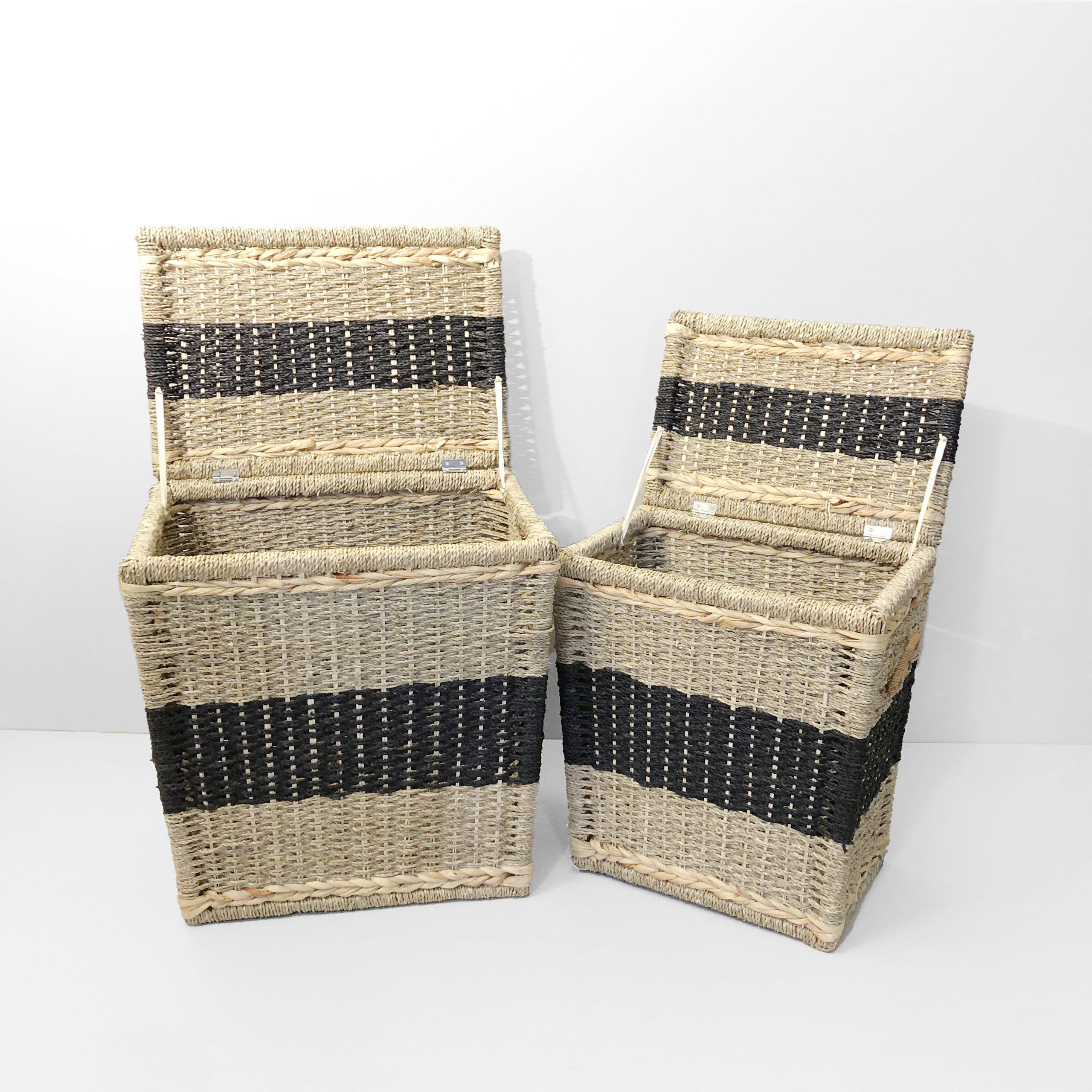 A premium duo of square-shaped seagrass baskets featuring striking black horizontal stripes, bringing a rustic yet modern aesthetic to any living space.