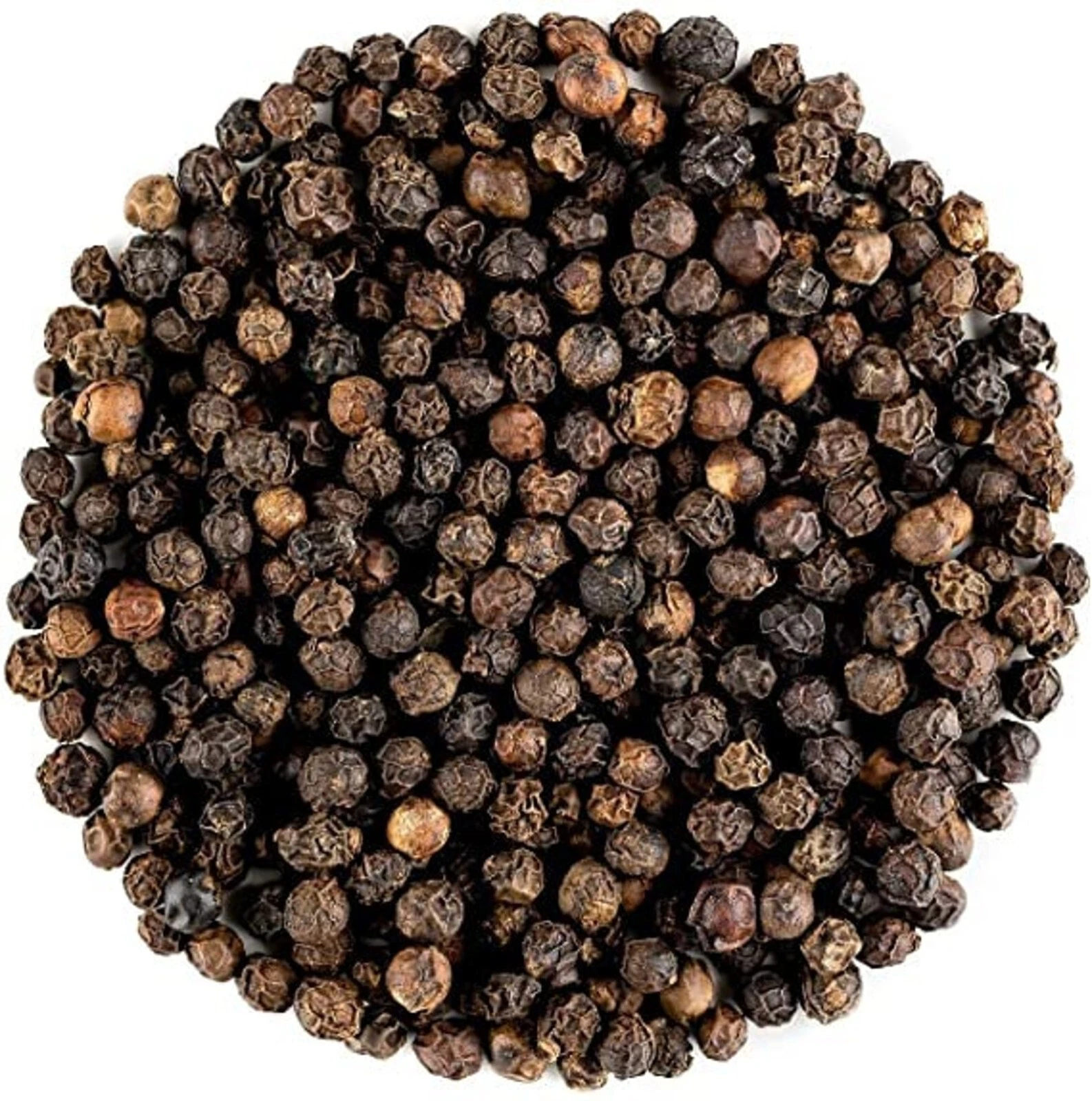 A perfect circular mound of premium Organic Black Peppercorns.