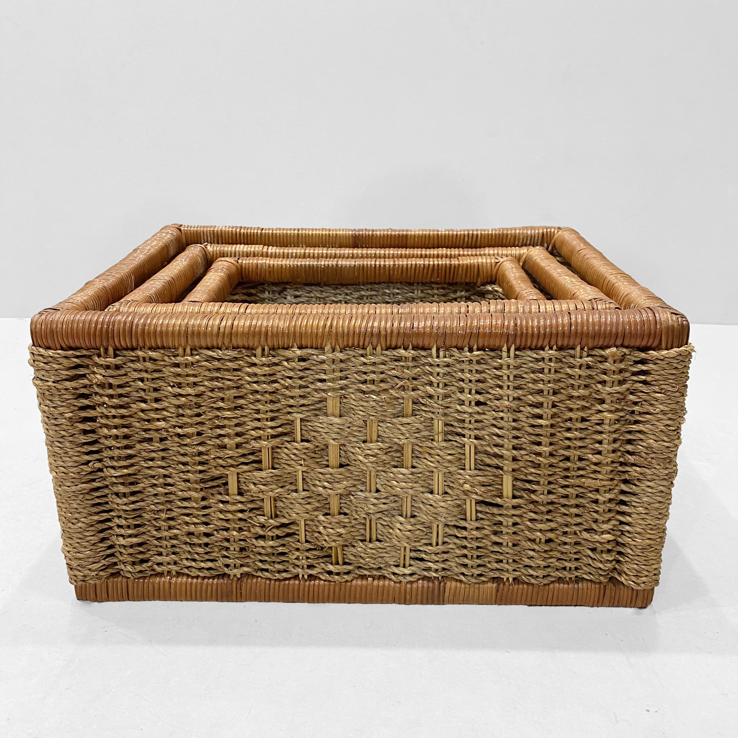 Set of 3 woven storage baskets nested together to maximize shipping and storage efficiency.