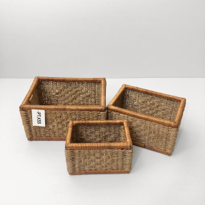 Set of 3 rectangular seagrass storage baskets with natural rattan frames model PT.K55 displayed separately.