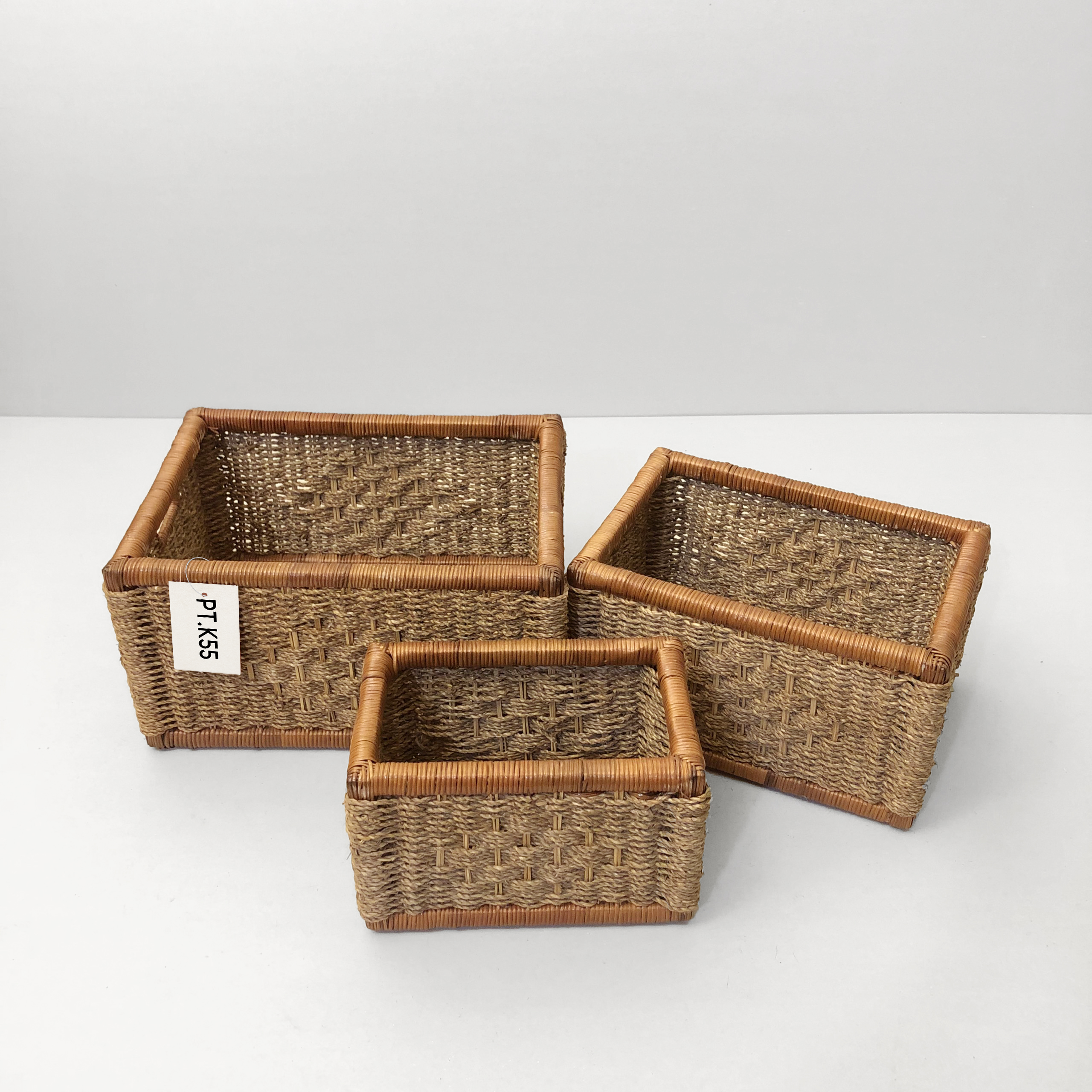Set of 3 rectangular seagrass storage baskets with natural rattan frames model PT.K55 displayed separately.